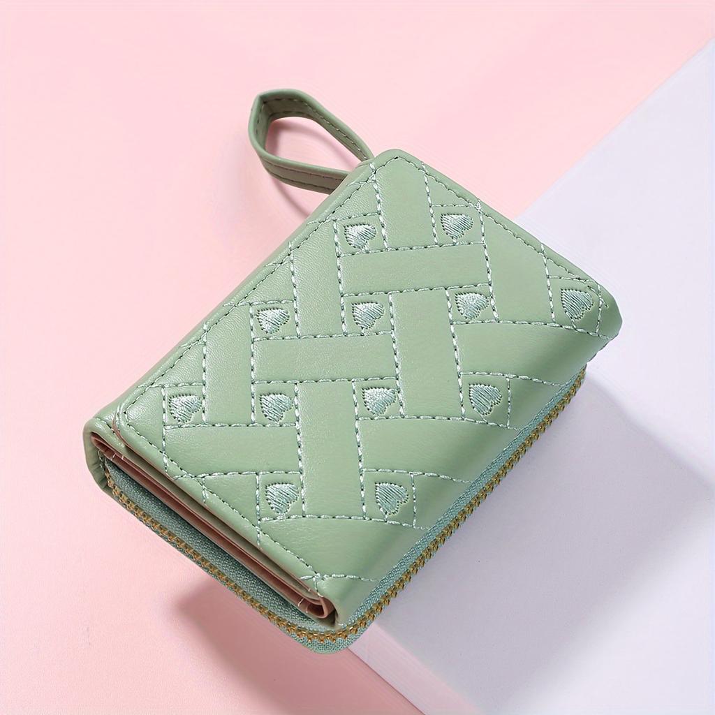 Women Wallet PU Leather Embroidered Love Tri-fold Card Holder Multi-card Slot Coin Purses