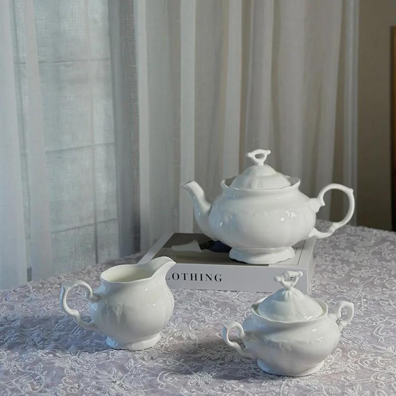 French Retro Relief Coffee Pot Pure White Bone China Teapot Sugar Bowl Milk Jug Ceramic Large Capacity Kettle Home Drinkware