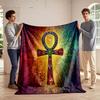 Colorful Egyptian Ankh with Hieroglyphics Background Flannel blanket for bedroom, living room, sofa, and nap sofas