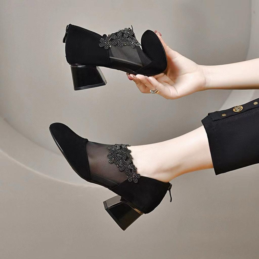 Round Head Mesh Single Shoes Women's Spring and Summer New Black Sheepskin Flat Bottom Deep Mouth Flower Hot Diamond Mesh Shoes