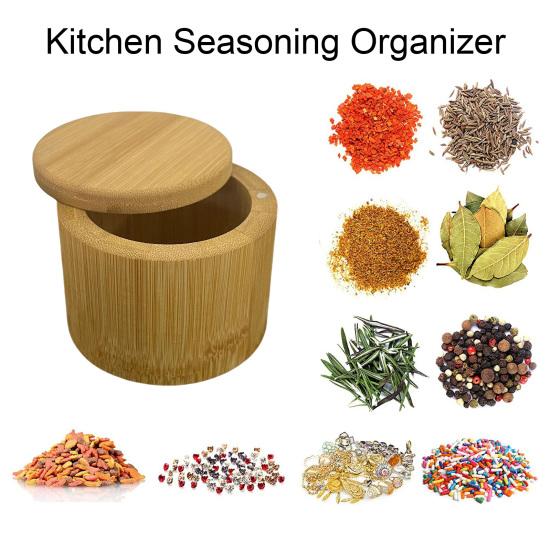 Бамбуковый ящик для хранения приправ с магнитной поворотной крышкой, деревянная солонка, держатель для перца, сахара, специй, круглая чаша-контейнер, кухонные гаджеты