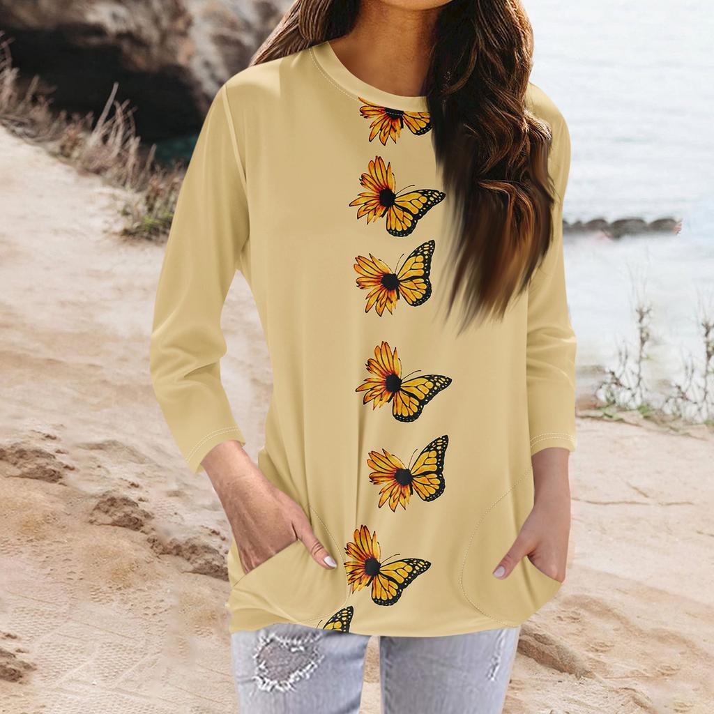 Women's Fashion Casual Round Neck Print 3/4 Sleeve Pocket T-Shirt Top