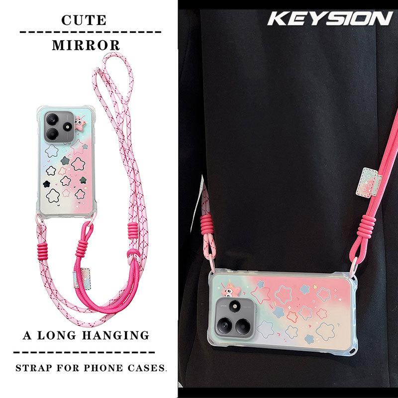 KEYSION Crossbody Strap Phone Case for Redmi Note 14 4G 5G Cute Cartoon Long Lanyard Mirror Shockproof Cover for Redmi Note 14 5G