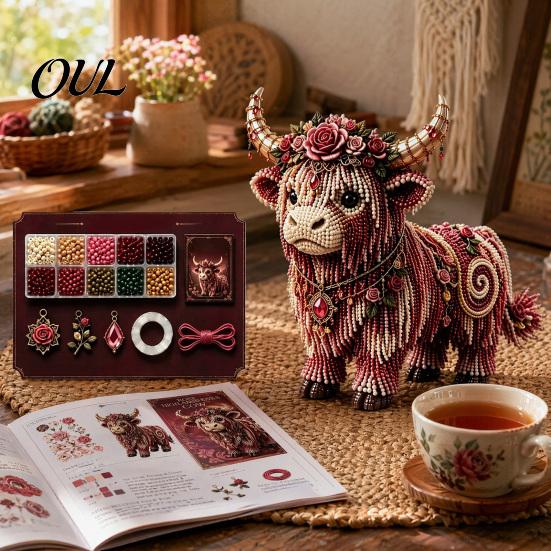 Bead Art Project Highland Cow Kit, Mythical DIY Craft Tiny Decorative 3D Beaded Animal, for Adults Teens Handmade Gift Ornament Kit