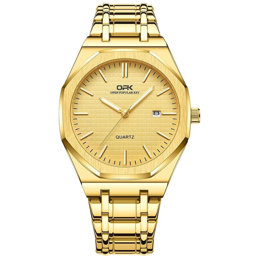Men's Quartz Business Watch Gold Stainless Steel 40mm Round Octagonal Bezel with Calendar and Luminous Hands