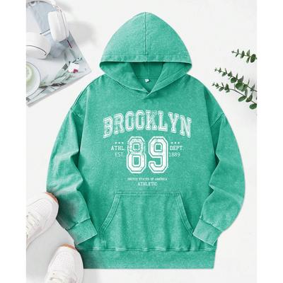 Ретро Бруклин 89 Арт Принты Букв Выстиранный Худи Женский Личность Мягкий Худи Мода Хлопок Пуловеры Толстовки