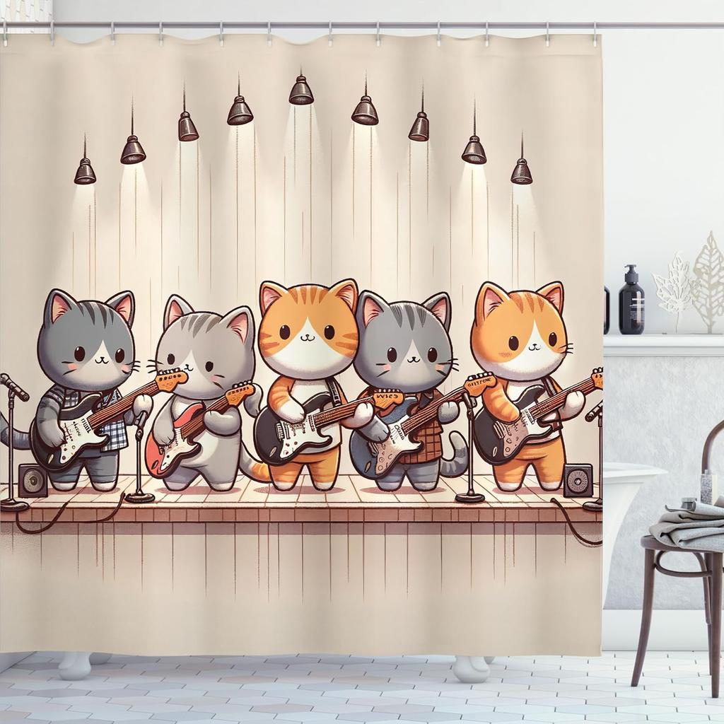 Funny Cat Band Shower Curtain Bathroom Decor Cartoon Animal Shower Curtain Novelty Art Home