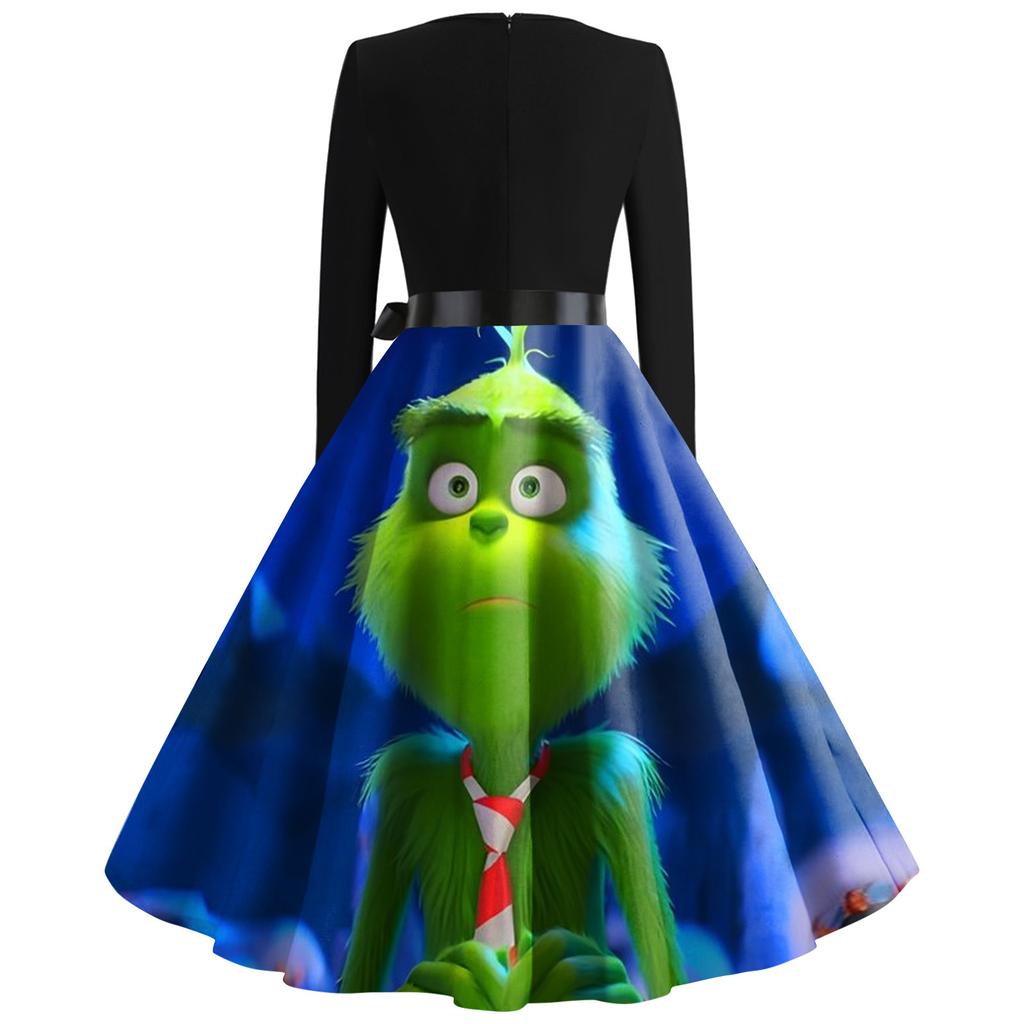 Женское рождественское расклешенное платье с принтом для женщин, платье с длинным рукавом, вечерние повседневные платья