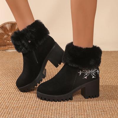 Женские зимние ботильоны на высокой платформе и толстом каблуке, с меховой отделкой, нескользящей толстой подошвой, из замши, вышивка бабочками