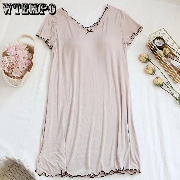WTEMPO Ночная рубашка из модала с бюстгальтером, женская летняя тонкая свободная пижама с короткими рукавами, большие размеры, однотонная повседневная домашняя одежда