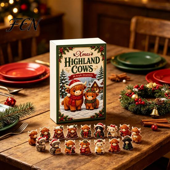 Christmas Tree Hanging Pendant 2026 Highland Cow Advent Calendar, 24 Day Countdown Calendar with 2D Acrylic Collectible Unique Home Accents
