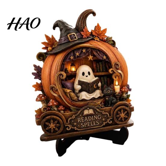 Unique Halloween Gift for Friends Reading Ghost Figurine, Retro Wooden Statue, Vintage Desktop Interior Ornament with Stacked Book Home Office