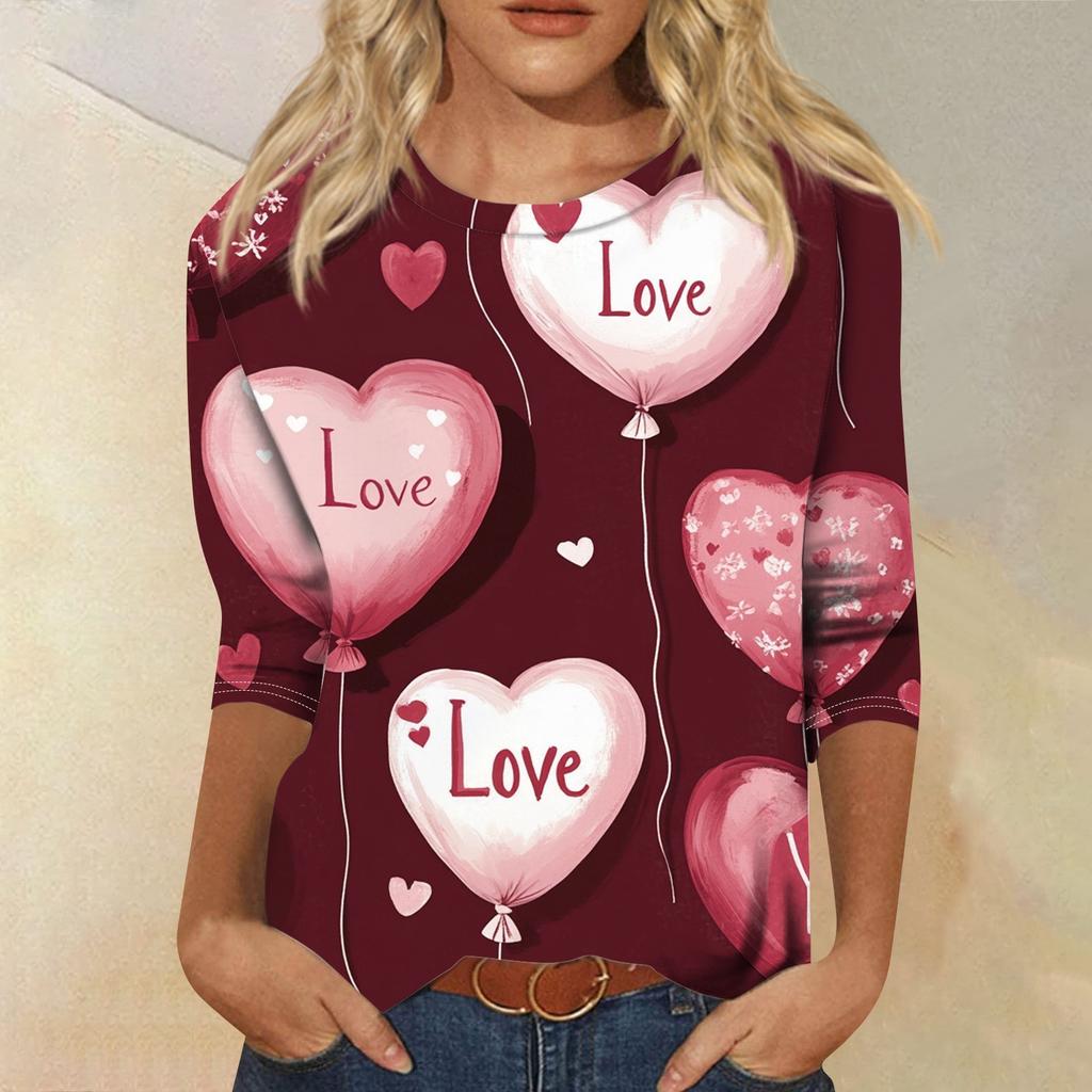 Футболка женская с рукавом 3/4, повседневная футболка с принтом ко Дню святого Валентина, джемпер с круглым вырезом