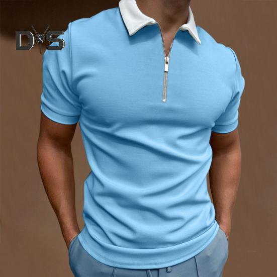 Мужская футболка с воротником-молнией, однотонная, с коротким рукавом и лацканами, повседневная, облегающая, летняя, для улицы, отпуска, работы, спорта