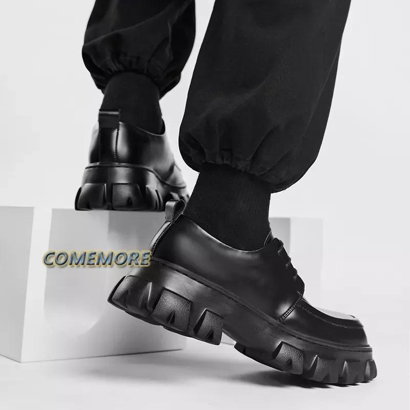Male Leather Shoes Men's 2024 New Chunky Platform Retro Work Shoes Spring Autumn Low Top Man Casual Flats British Style Lace-up