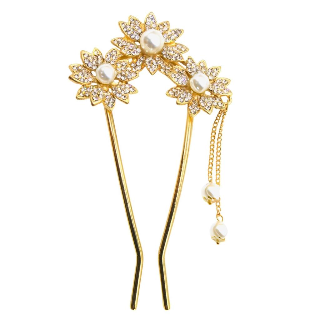 Miaomyao Kanzashi Hair Antique Flower Hair Hair Accessory for and Japanese Clothing Ornament, U-Shaped, Pearl, Comb, Kimono, Yukata, (Gold)