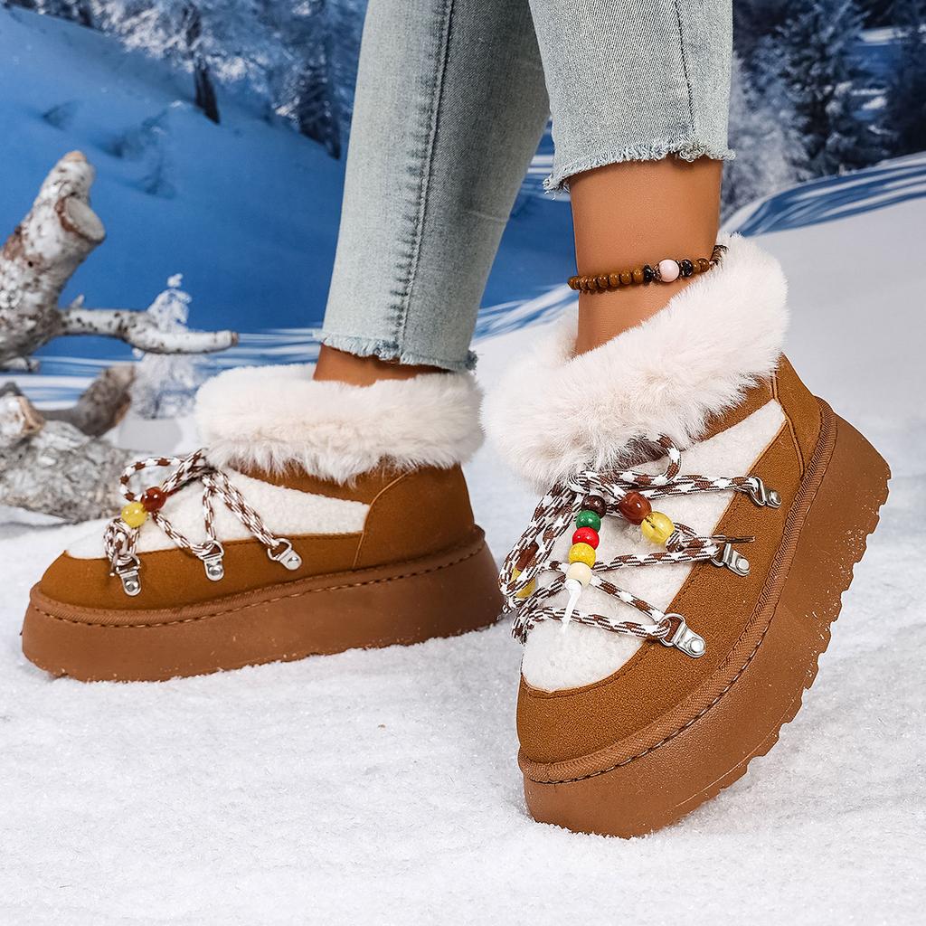 2025 Осень/Зима Новые Снежные Ботинки Женские На Шнуровке Спереди Толстая Подошва Флисовые Утепленные Короткие Ботинки Теплая Хлопковая Обувь