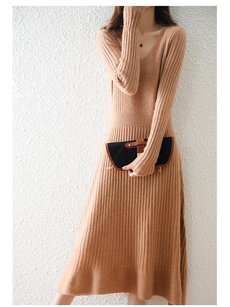 Women's Pure Wool V-Neck Ribbed Knit Dress: Slim, A-Line, Warm Autumn/Winter Sweater Skirt.