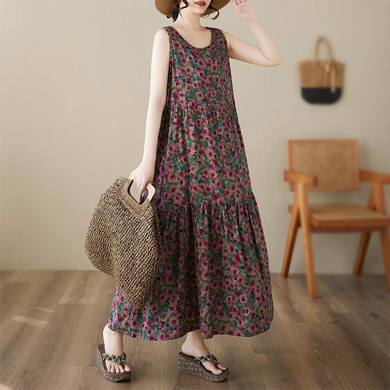 DIMANAF Платье больших размеров Летнее Женское Винтажное Льняное Элегантный стиль Без рукавов Цветочное Свободное Новое Длинное Платье 8028