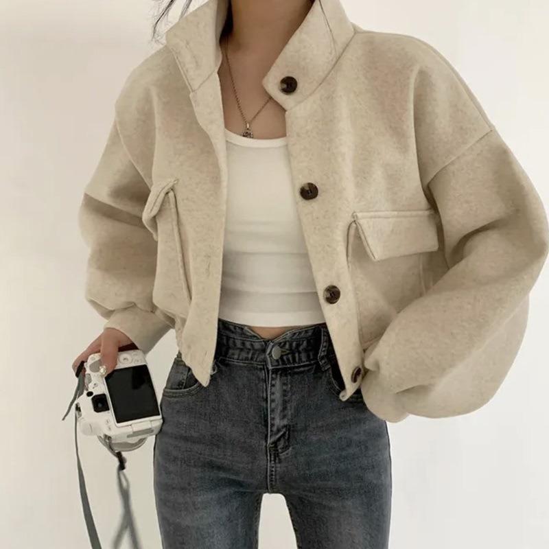 Autumn and Winter Fashion Stand-up Collar Women Short Coats Loose Casual Long Sleeve Office Shirt Ladies Elegant Simple Pockets Jackets Clothing