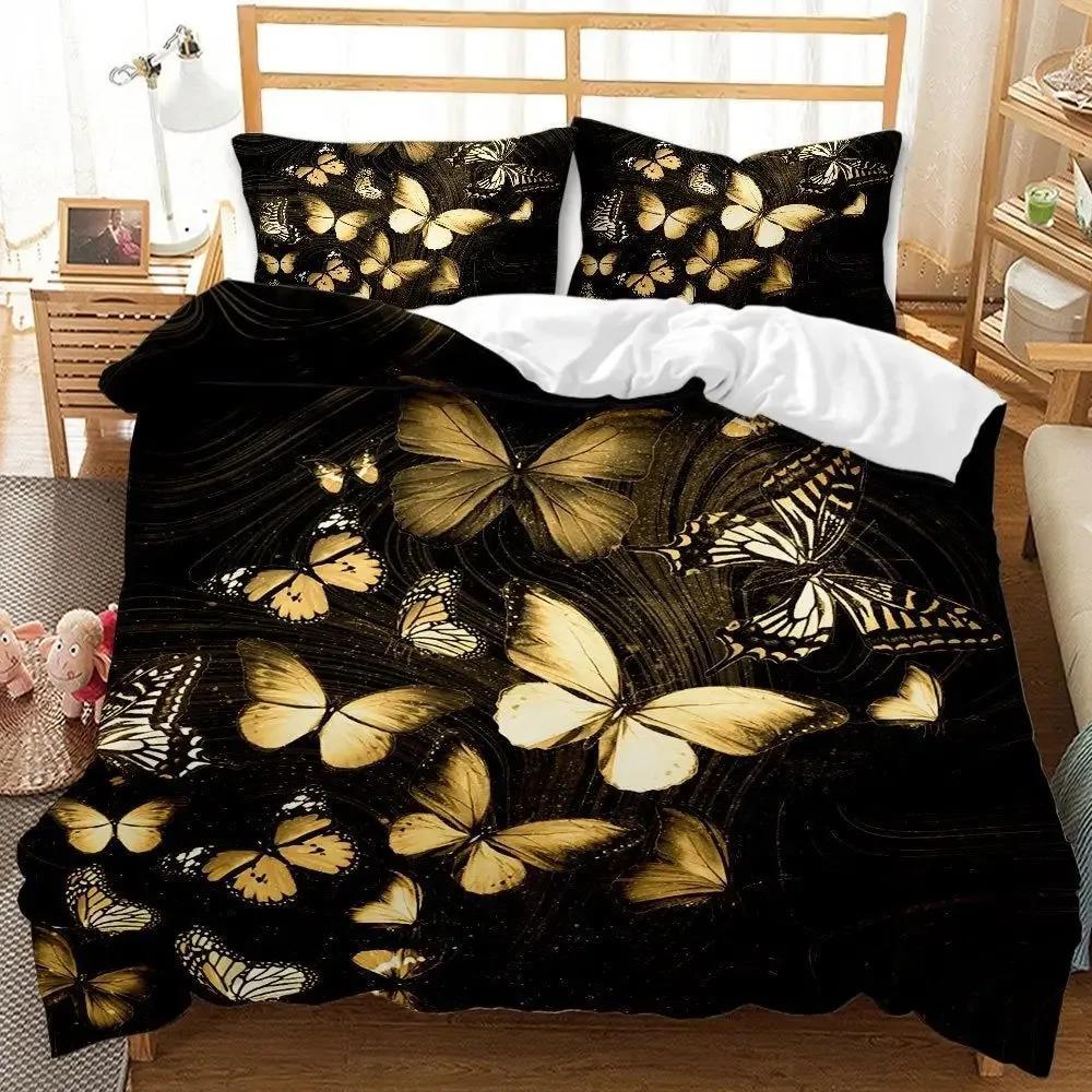 Gold Butterfly Duvet Cover Set for Girls Gold and White Butterflies Bedding Sets Flying Butterfly Black Luxury Comforter Cover