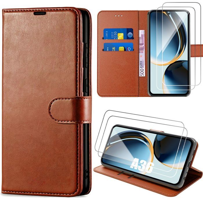 Coque de protection - BOOLING - pour Samsung Galaxy A36/A56 5G - Effet Cuir Marron - 2 Verres Trempés - Antichoc