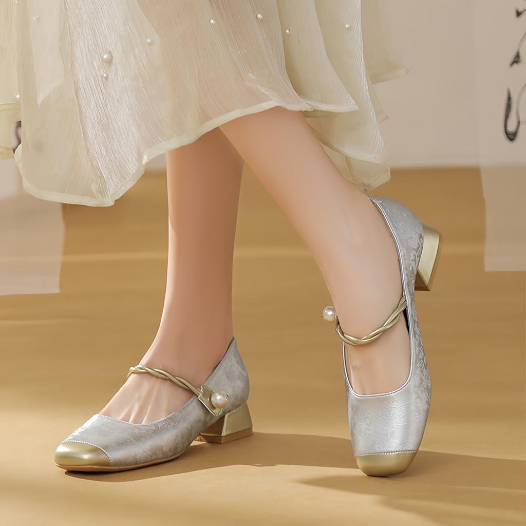 Туфли Мэри Джейн в сочетании цветов женские на низком каблуке 2024 новые кожаные с французским квадратным носком на толстом каблуке с открытым верхом маленькие с ароматом темперамента одинарные туфли