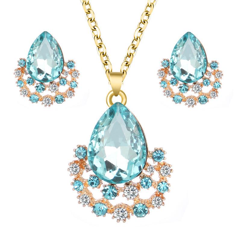 1set/3pcs (Necklace + Earrings) Women's Elegant Jewelry Set Fashion Jewelry Crystal Gemstone Diamond Drop Pendant Set Accessories