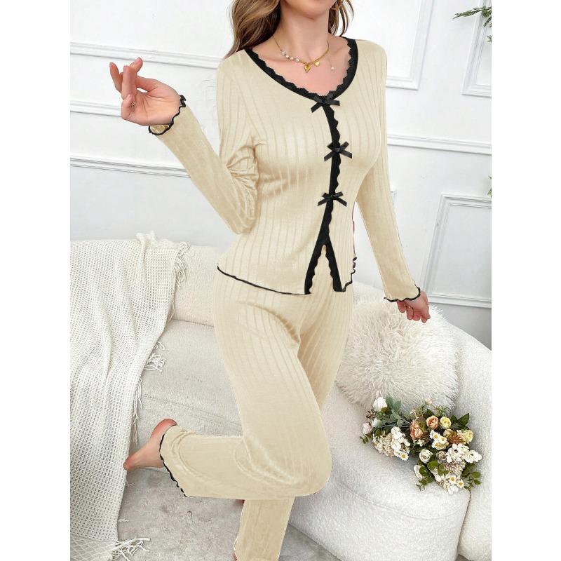 Осенне-зимний пижамный комплект женский кружевной с длинными рукавами и брюками, пижама из двух предметов, одежда для сна, повседневная домашняя одежда