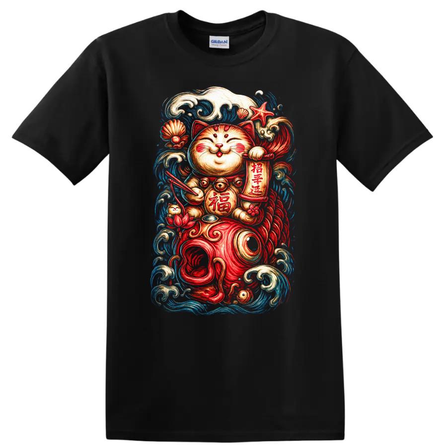 Japanese Style Cat T Shirt Lucky Fish Waves Cute Tee Artwork Design