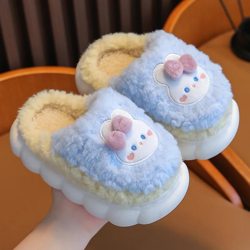 New Winter Cute Rabbit Bear Cotton Flip Flops Children's Plush Slippers For Girls Boys Home Indoor Fluffy Mule Kids Shoes