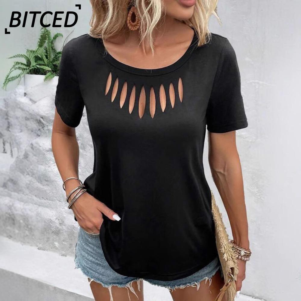 BITCED Женские модные повседневные однотонные блузки и рубашки с короткими рукавами и круглым вырезом с принтом