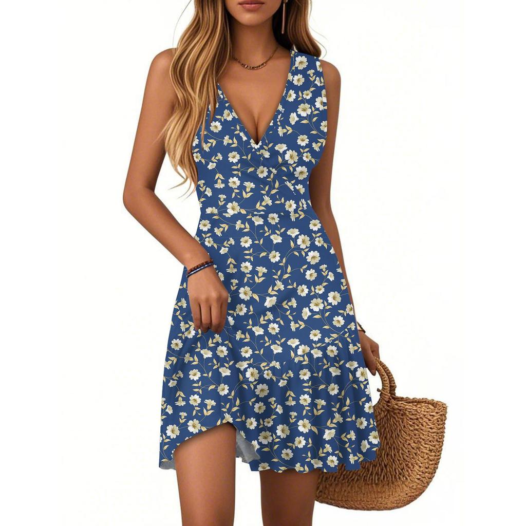 Women's Dress V-neck Sleeveless Casual Floral Print Hem Pleated Dress