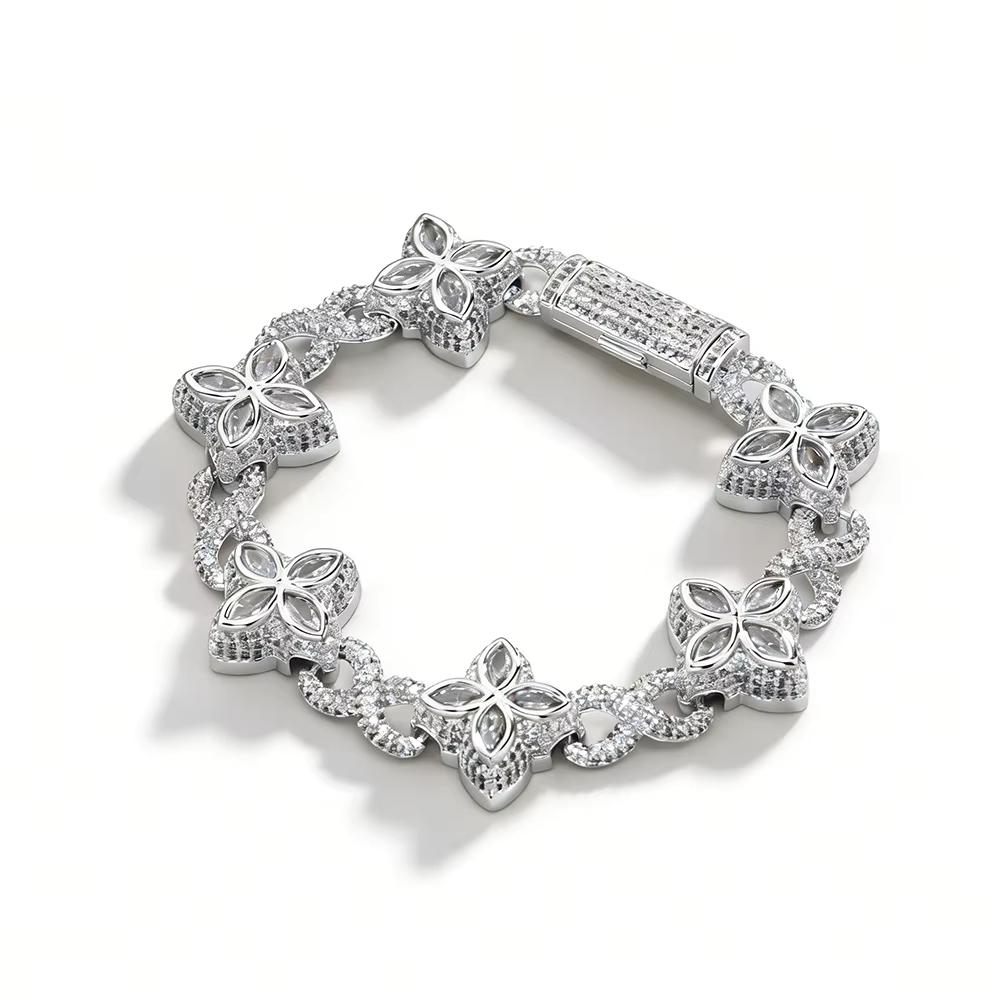 Popular Fashion Exquisite Hip Hop Jewelry Bling CZ Iced Out Four Leaf Clover Infinite Bracelet for Women and Men
