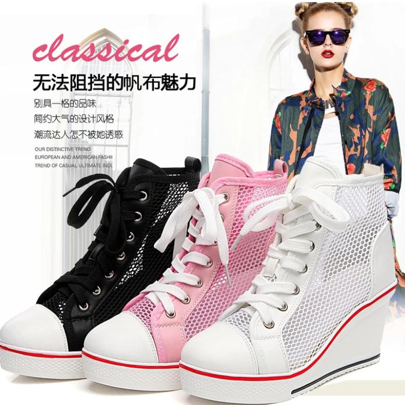 Мода 2024 года. Туфли на танкетке высотой 8 см, увеличивающие рост. Сандалии с толстой подошвой. Женские повседневные туфли на шнуровке. Высокие полые женские туфли.