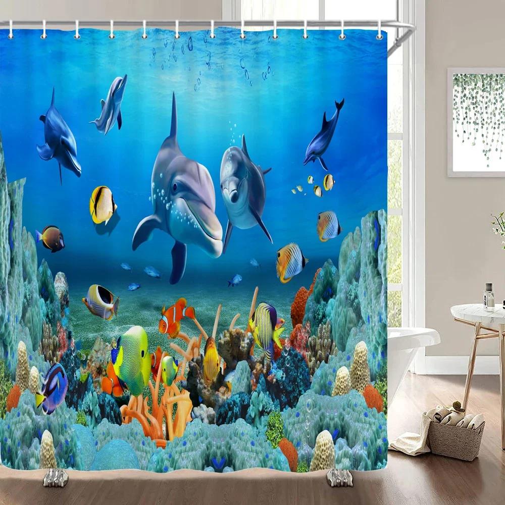 Подводный мир Рыба Черепаха 3d Шторки для душа Океан Дельфин Морской пейзаж Ткань Водонепроницаемая Занавеска для ванны Декор для ванной комнаты Экран