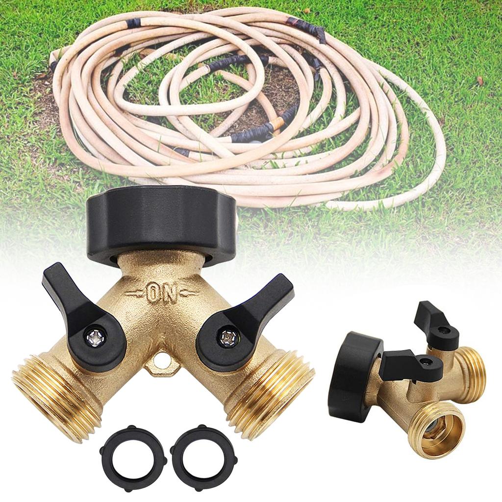 2-way Y-type Hose Splitter Garden Hose Distributor Brass Hose Tap Adapter with 2 Valves