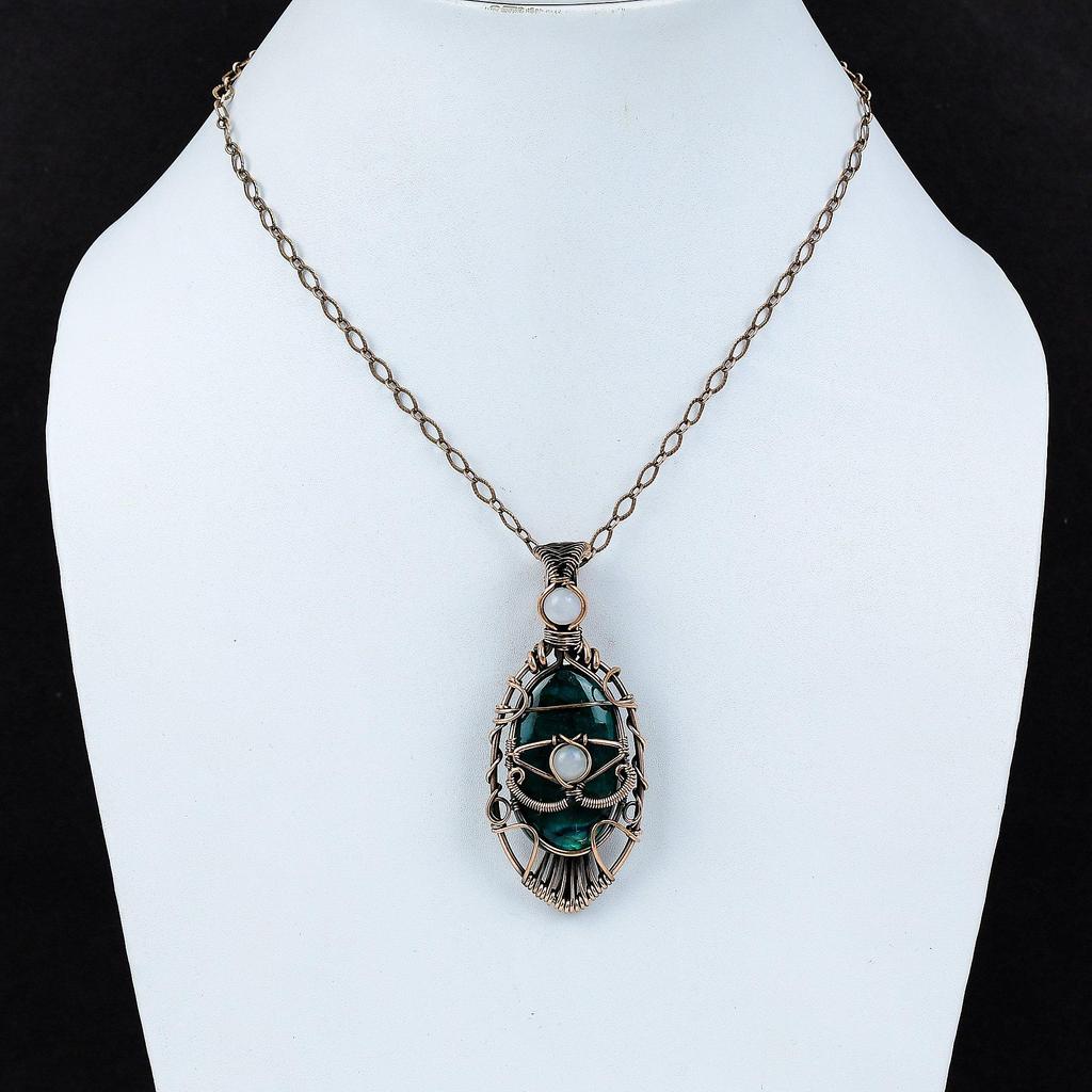 Дурной глаз Неоновая вспышка Лабрадорит Кулон Медная проволока Обернутая подвеска с драгоценным камнем Радуга Кулон из лунного камня Кулон ручной работы Ювелирные изделия из медной проволоки