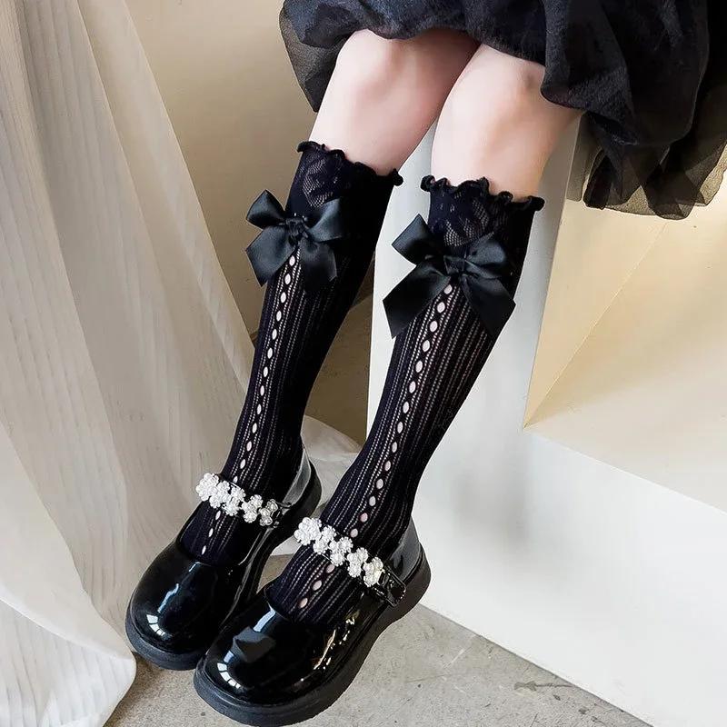 Children Girls Cute Style Bow Long Fishnet Calf Socks Thin Breathable Bowknot In Tube Socks Summer Hollow Out Lace Sock