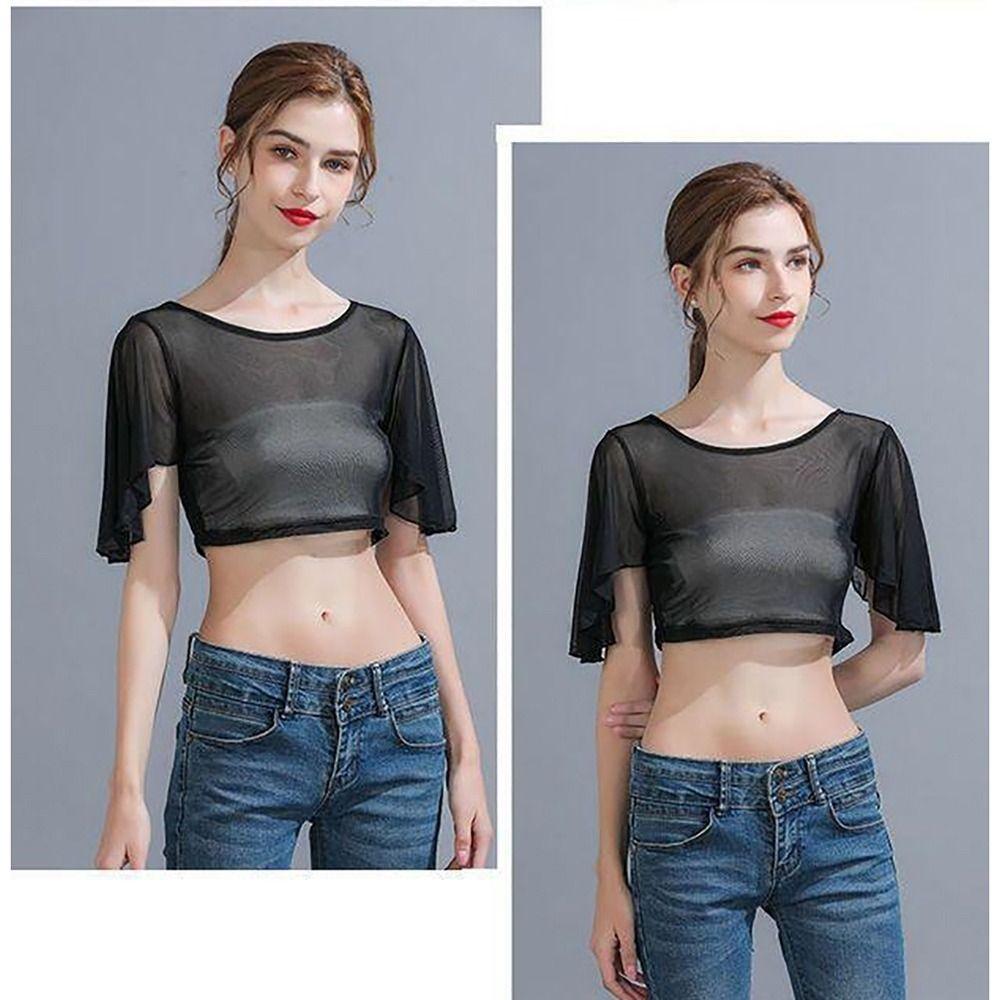 Black White Mesh T Shirt Short Woman Clothing Short Outer Wear Crop Tops Women