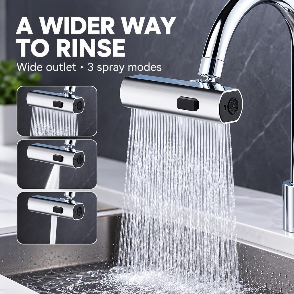 Wide Waterfall Faucet Attachment with Three Spray Modes, Silver