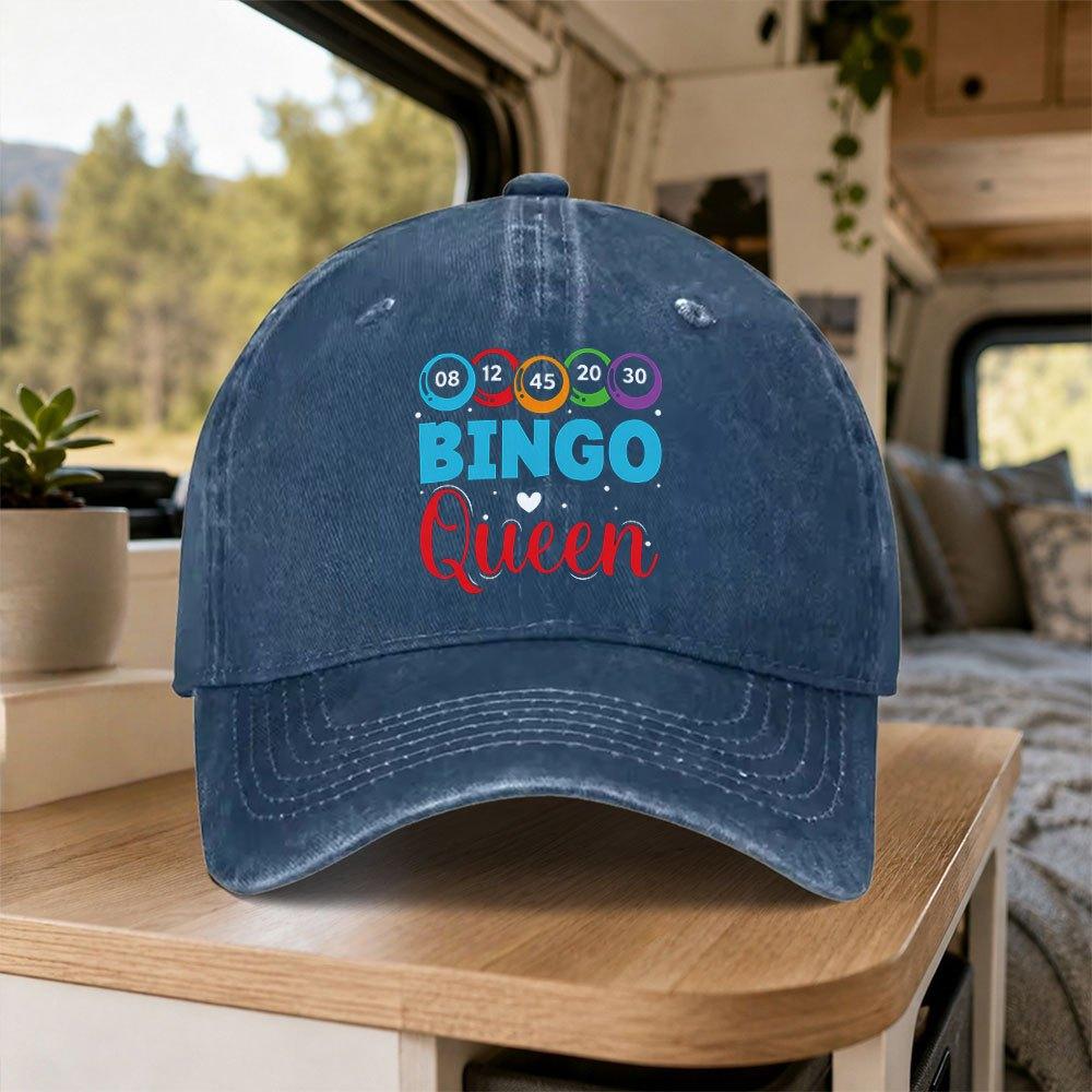 Bingo Queen Vintage Washed Baseball Cap Retro Duckbill Hat Adjustable Unisex Casual Outdoor Party Gift