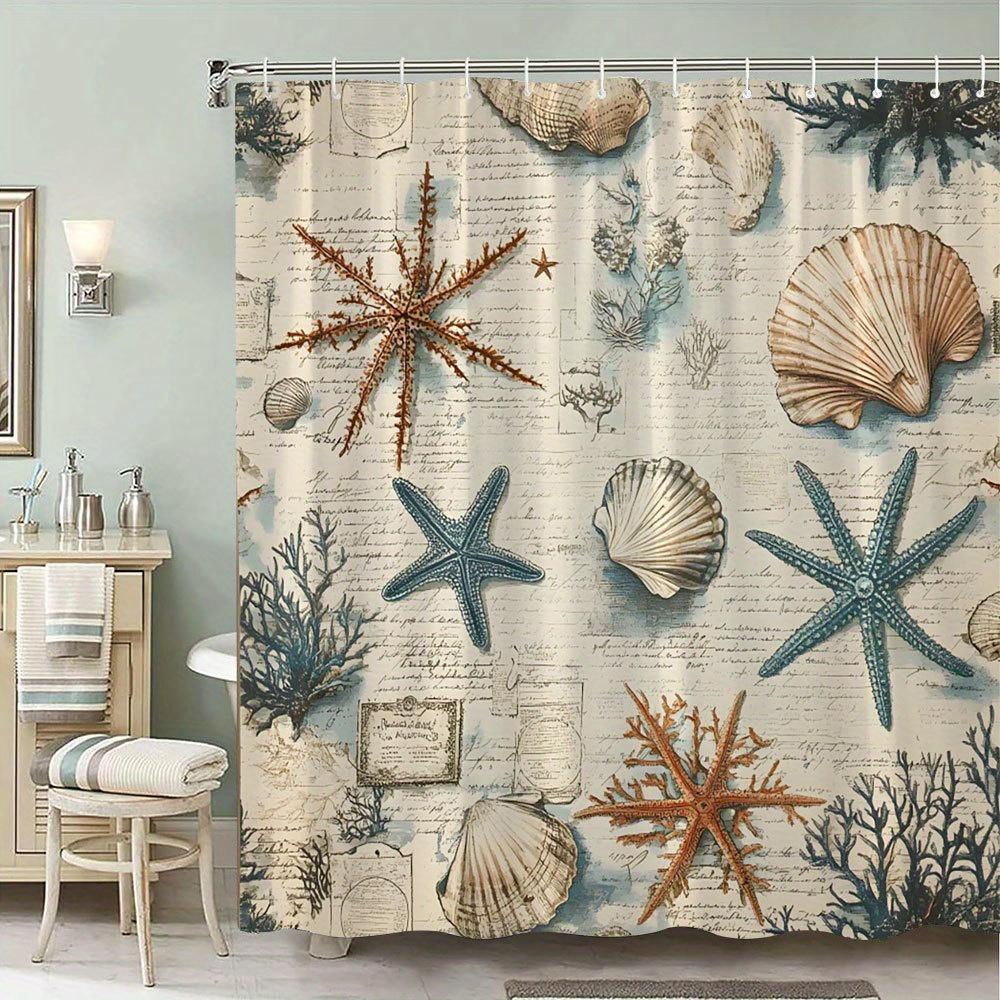 Seashell & Starfish Curtain - Cream Texture, Blue Coral, 70In, 12 Hooks, Coastal Bath