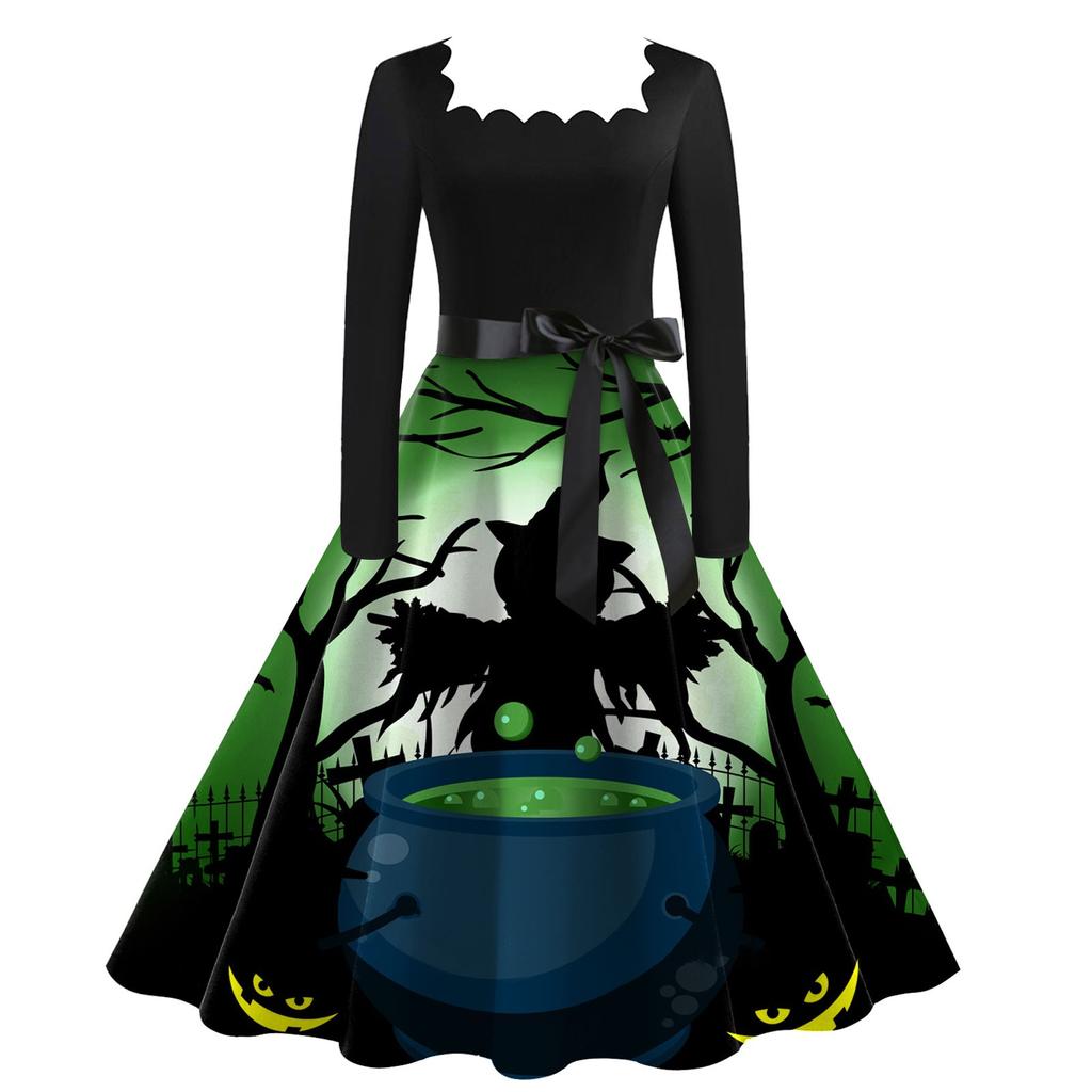 Женские повседневные модные платья с квадратным вырезом и длинным рукавом на Хэллоуин с принтом в винтажном стиле