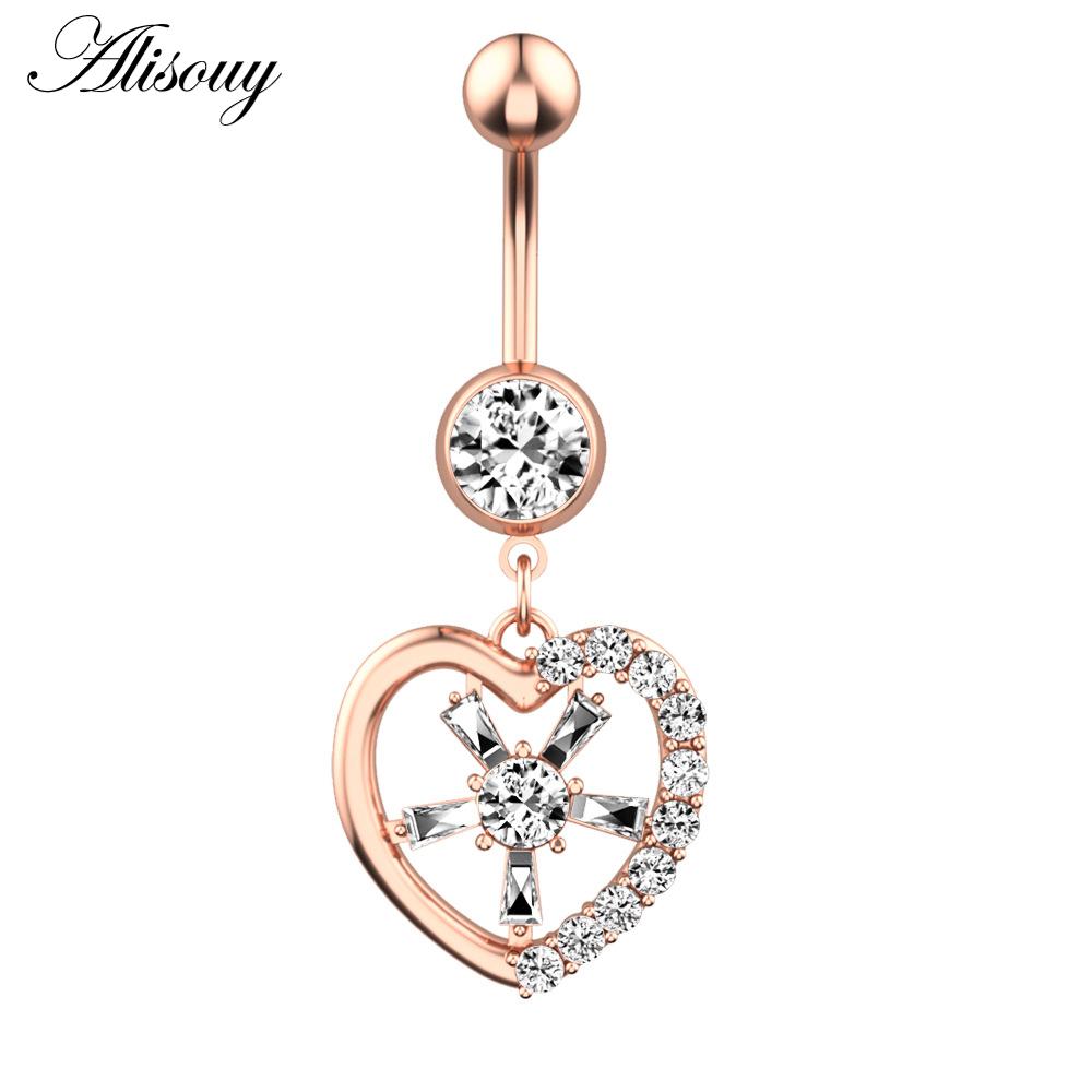 Alisouy 1pc Surgical Steel Crystal Zircon Flower Heart Leaf Bow-knot Dangle Button Navel Piercing Ring Belly Ring Body Jewelry