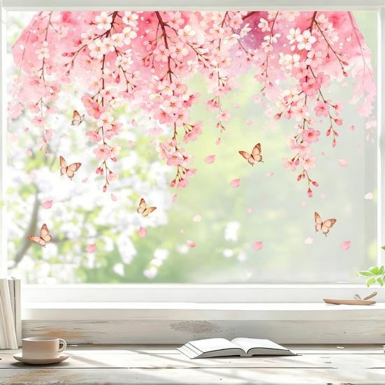 Cherry Blossom Floral Window Clings Spring Watercolor Hanging Flower Vine Butterflies Glass Door Decals Reusable Window Sticker for Home
