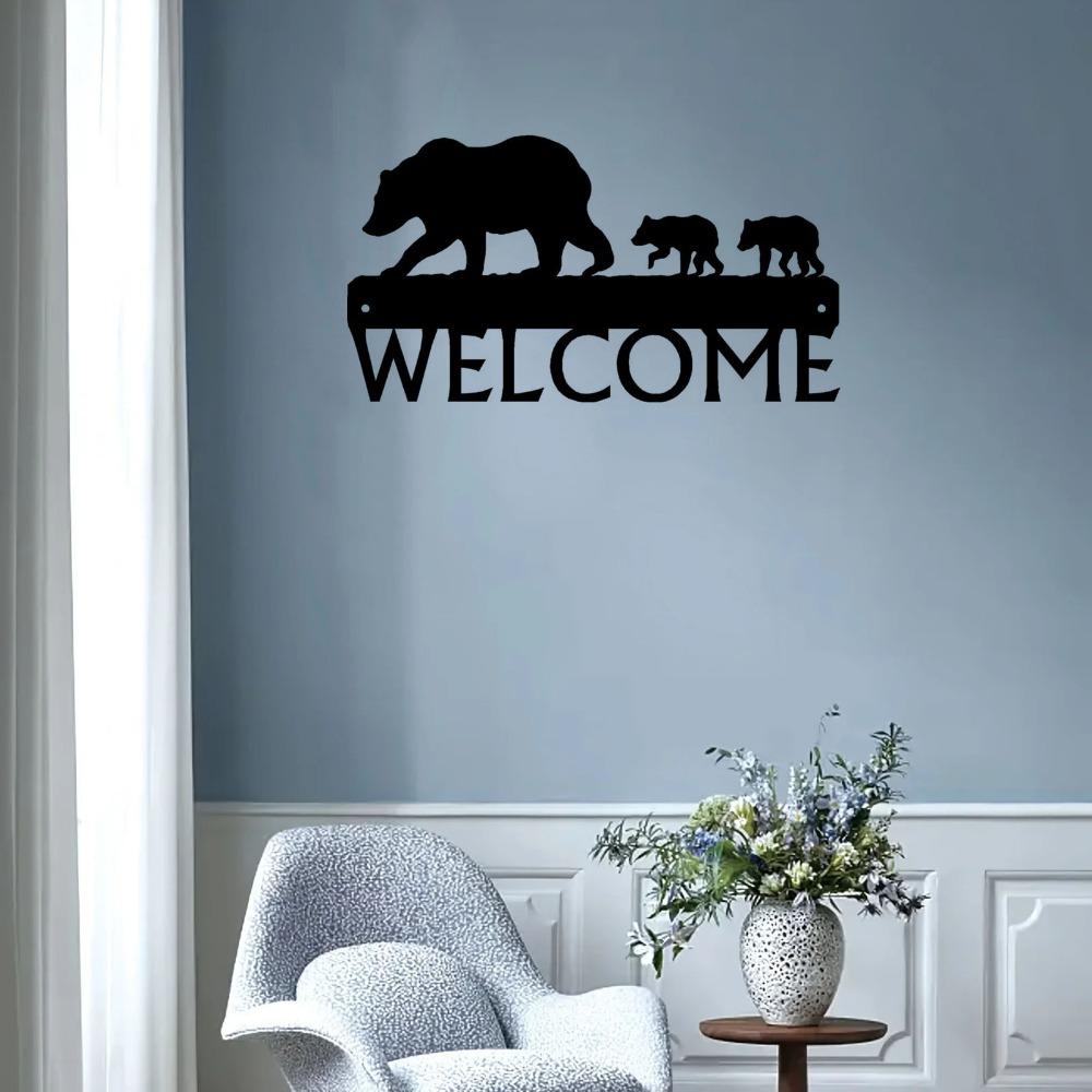Bear & Cubs Welcome Sign - 12" X 6.5" Metal Wall Art for Rustic Home Décor,and Charming Cabin Entrance with Bear Family Design