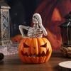 Halloween Pumpkin Skeleton Figurine Spooky Ghost Festival Skull with LED Lights Resin Crafts Sculpture Home Office Desktop