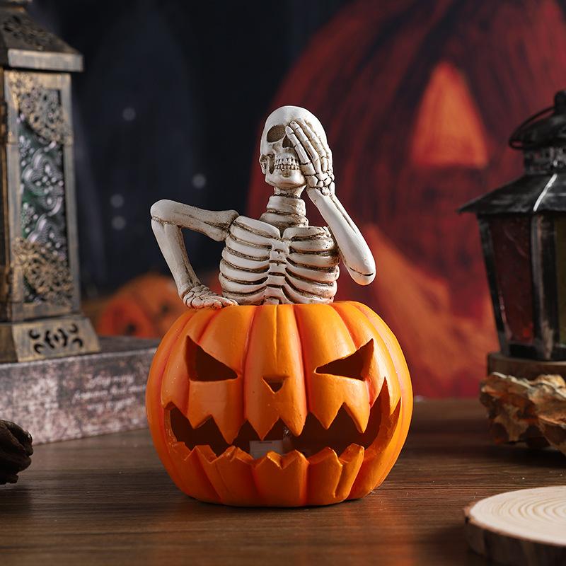 Halloween Pumpkin Skeleton Figurine Spooky Ghost Festival Skull with LED Lights Resin Crafts Sculpture Home Office Desktop