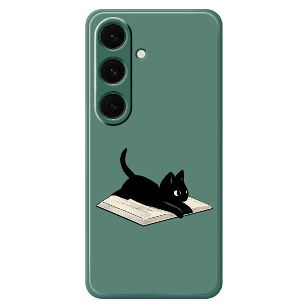 Чехол-книжка для Samsung Galaxy S25+ с печатью узора «Книга и кошка», задняя крышка телефона из ТПУ с прямыми краями